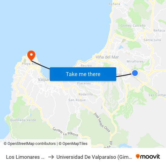 Los Limonares - Uno Norte to Universidad De Valparaíso (Gimnasio Polideportivo) map