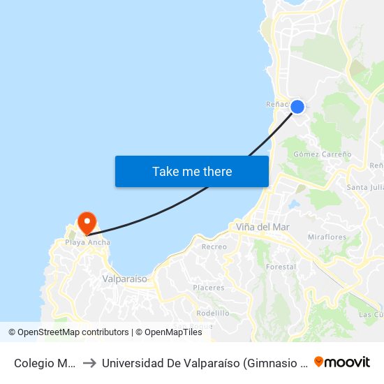 Colegio Mackay to Universidad De Valparaíso (Gimnasio Polideportivo) map