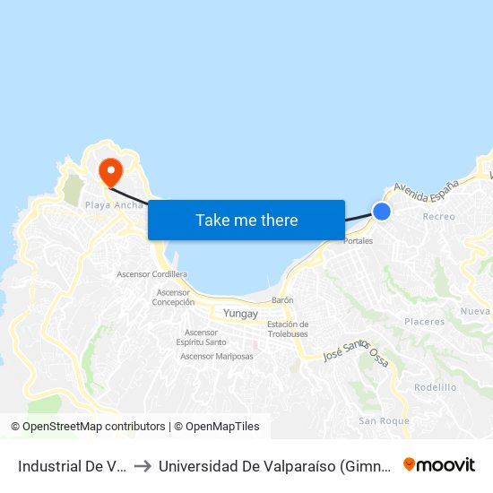 Industrial De Valparaiso to Universidad De Valparaíso (Gimnasio Polideportivo) map