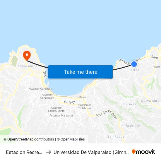 Estacion Recreo / Oriente to Universidad De Valparaíso (Gimnasio Polideportivo) map