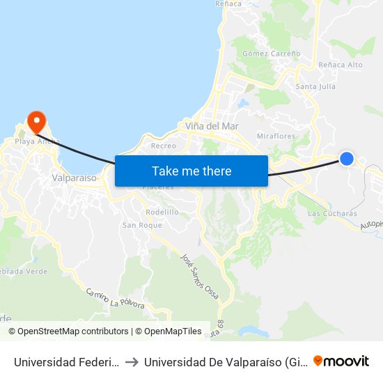 Universidad Federico Santa Maria to Universidad De Valparaíso (Gimnasio Polideportivo) map