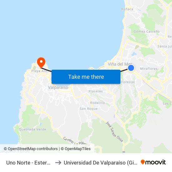 Uno Norte - Estero Marga Marga to Universidad De Valparaíso (Gimnasio Polideportivo) map