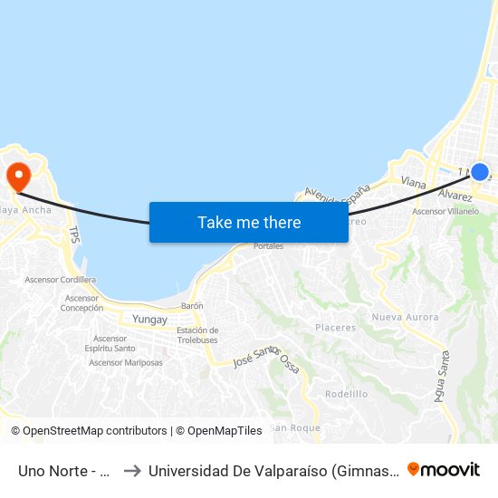 Uno Norte - Libertad to Universidad De Valparaíso (Gimnasio Polideportivo) map