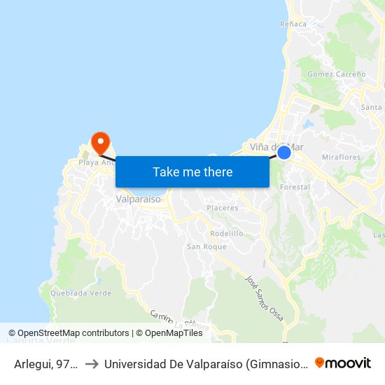 Arlegui, 971-989 to Universidad De Valparaíso (Gimnasio Polideportivo) map