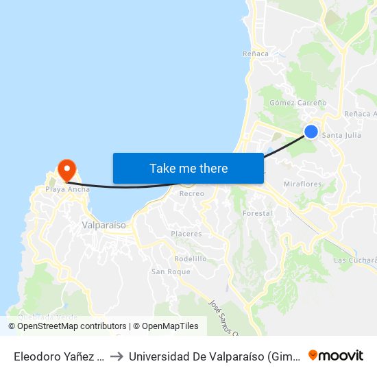 Eleodoro Yañez - Curiñanco to Universidad De Valparaíso (Gimnasio Polideportivo) map