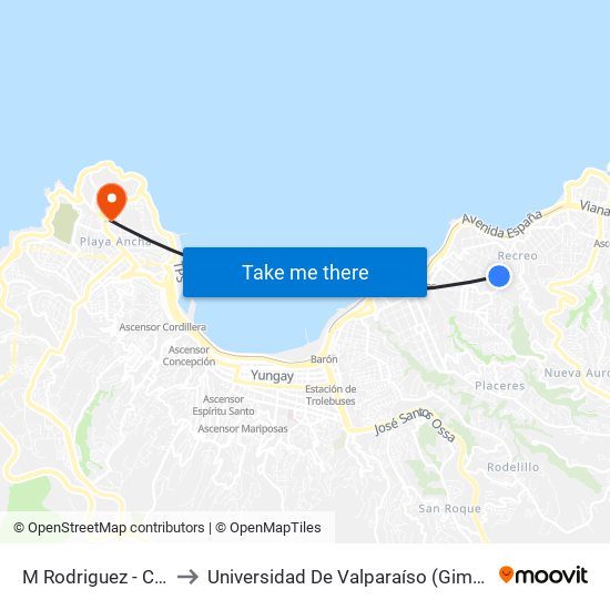 M Rodriguez - Camino Real to Universidad De Valparaíso (Gimnasio Polideportivo) map