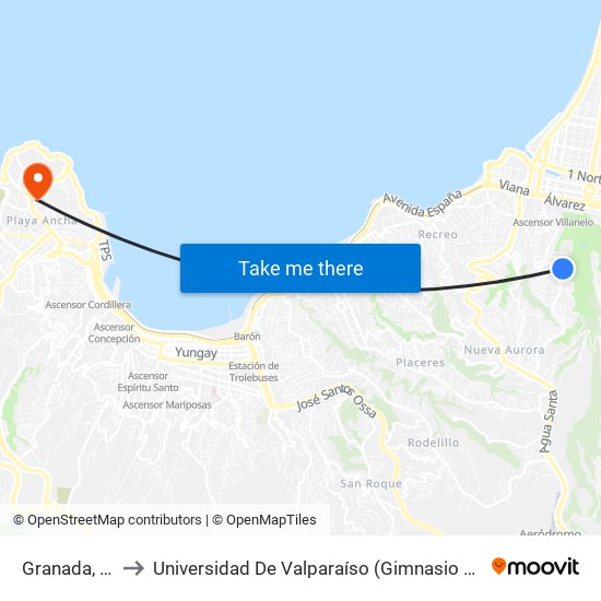 Granada, 1316 to Universidad De Valparaíso (Gimnasio Polideportivo) map