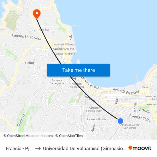 Francia - Pje Tres to Universidad De Valparaíso (Gimnasio Polideportivo) map