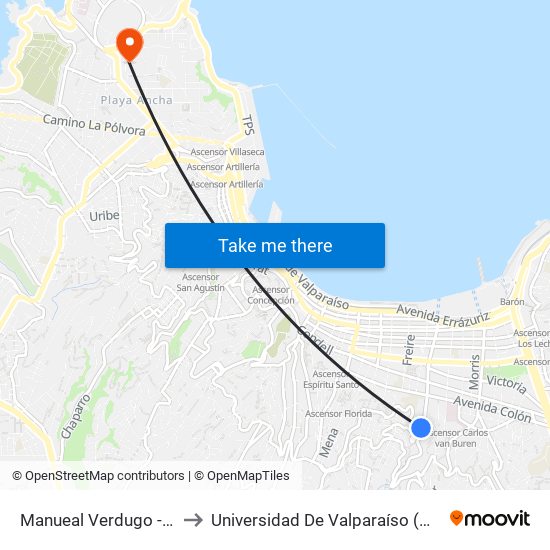 Manueal Verdugo - Escala Verdugo to Universidad De Valparaíso (Gimnasio Polideportivo) map