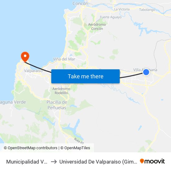 Municipalidad Villa Alemana to Universidad De Valparaíso (Gimnasio Polideportivo) map