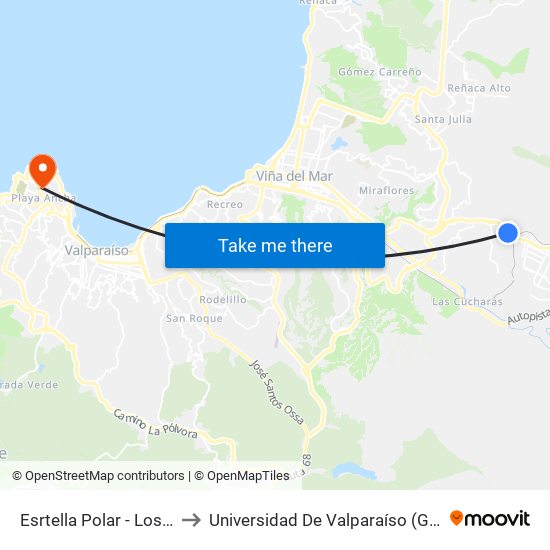 Esrtella Polar - Los Carrera / Norte to Universidad De Valparaíso (Gimnasio Polideportivo) map