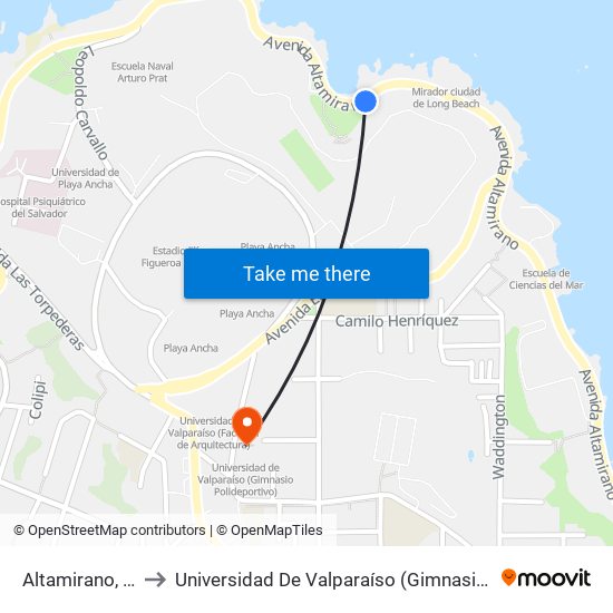 Altamirano, 23220 to Universidad De Valparaíso (Gimnasio Polideportivo) map