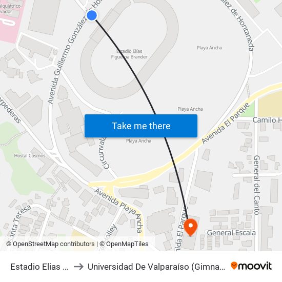 Estadio Elias Figueroa to Universidad De Valparaíso (Gimnasio Polideportivo) map