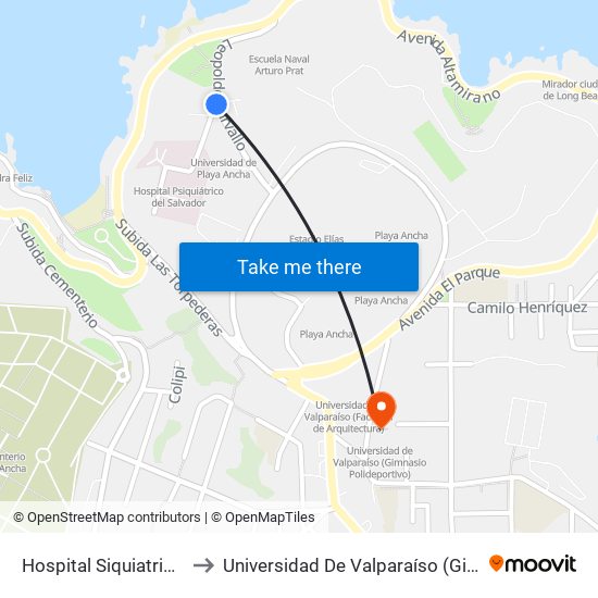 Hospital Siquiatrico Del Salvador to Universidad De Valparaíso (Gimnasio Polideportivo) map