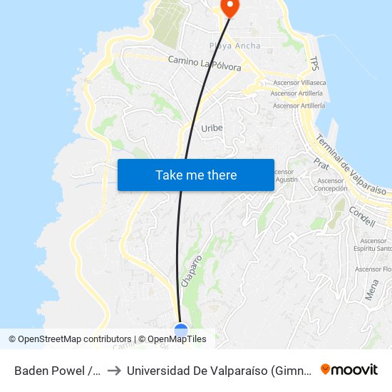 Baden Powel / Caleuche to Universidad De Valparaíso (Gimnasio Polideportivo) map