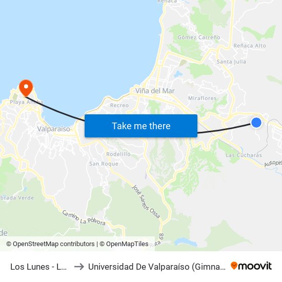 Los Lunes - Las Brisas to Universidad De Valparaíso (Gimnasio Polideportivo) map