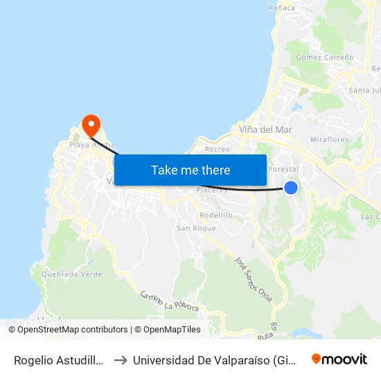 Rogelio Astudillo - O´Higgins to Universidad De Valparaíso (Gimnasio Polideportivo) map