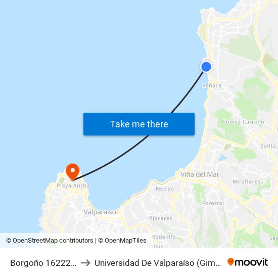 Borgoño 16222 / Poniente to Universidad De Valparaíso (Gimnasio Polideportivo) map