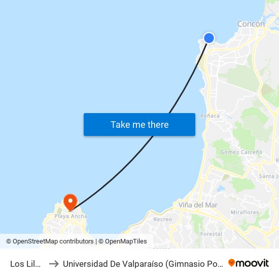 Los Lilenes to Universidad De Valparaíso (Gimnasio Polideportivo) map