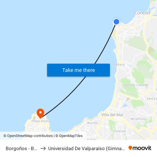 Borgoños - Breasillos to Universidad De Valparaíso (Gimnasio Polideportivo) map