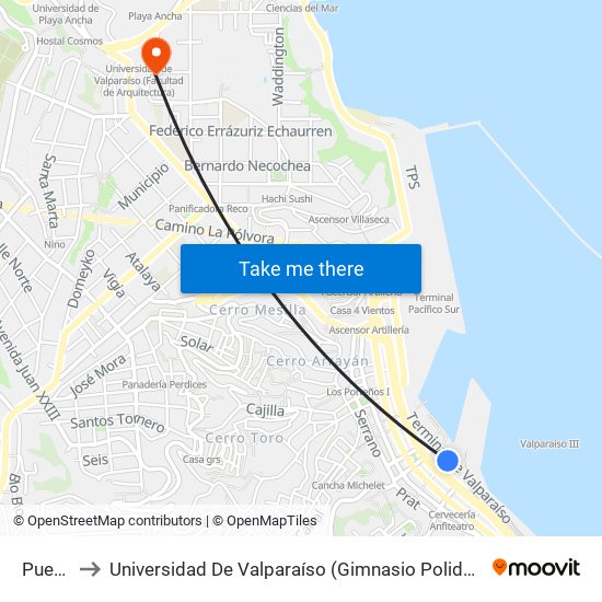 Puerto to Universidad De Valparaíso (Gimnasio Polideportivo) map