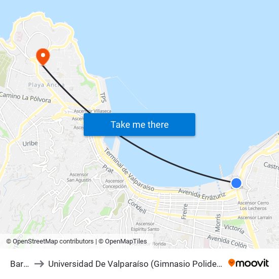 Baron to Universidad De Valparaíso (Gimnasio Polideportivo) map