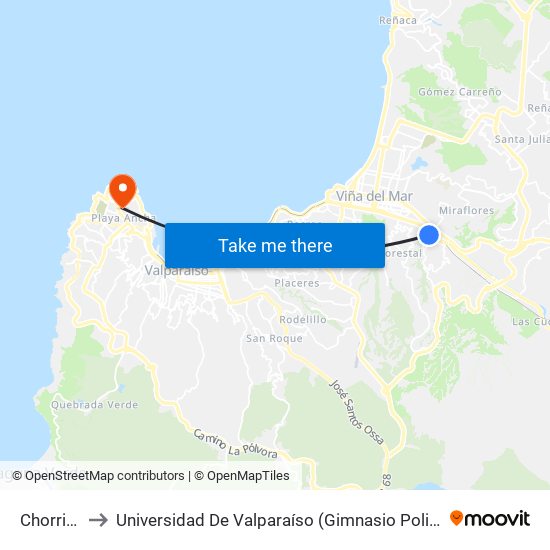 Chorrillos to Universidad De Valparaíso (Gimnasio Polideportivo) map