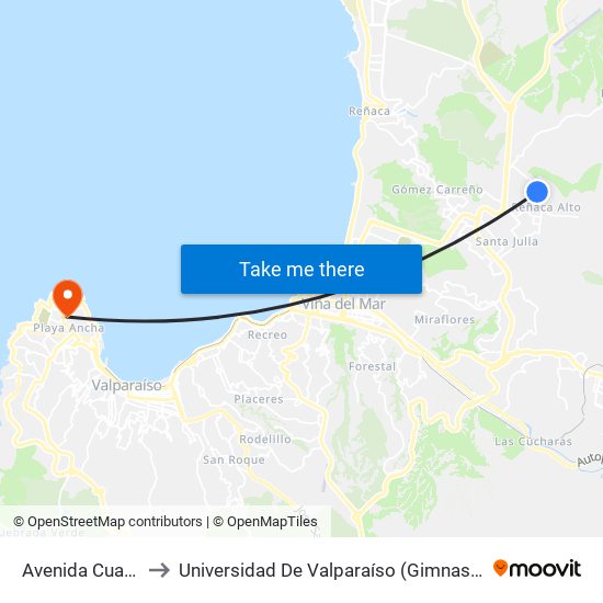 Avenida Cuarta, 150 to Universidad De Valparaíso (Gimnasio Polideportivo) map