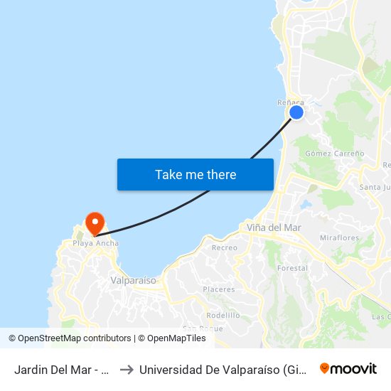 Jardin Del Mar - Los Sargazos to Universidad De Valparaíso (Gimnasio Polideportivo) map