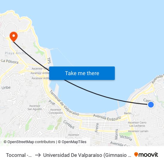 Tocornal - Vega to Universidad De Valparaíso (Gimnasio Polideportivo) map