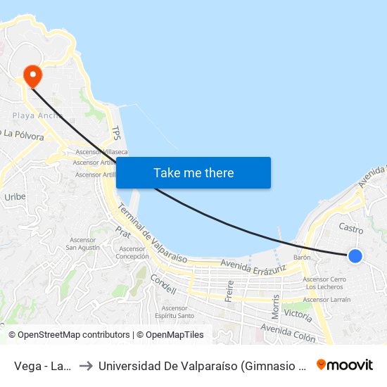 Vega - Lautaro to Universidad De Valparaíso (Gimnasio Polideportivo) map