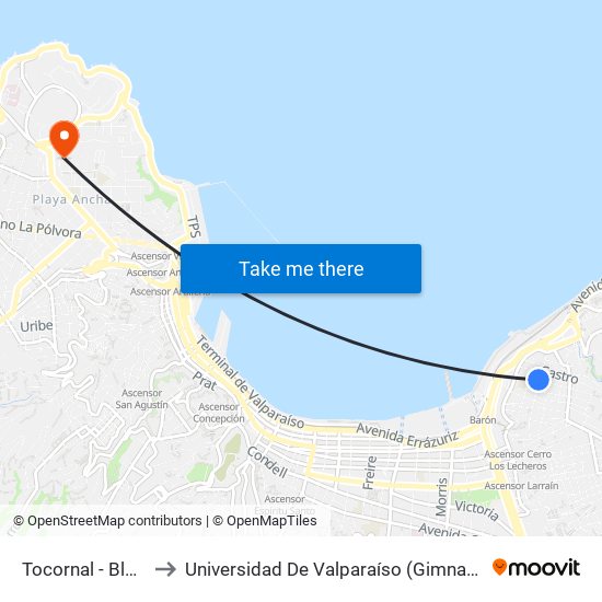 Tocornal - Blanco Viel to Universidad De Valparaíso (Gimnasio Polideportivo) map