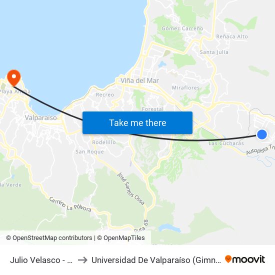 Julio Velasco - Ortiz Vega to Universidad De Valparaíso (Gimnasio Polideportivo) map