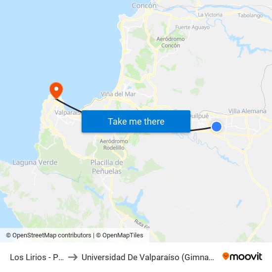 Los Lirios - Psje Seis to Universidad De Valparaíso (Gimnasio Polideportivo) map