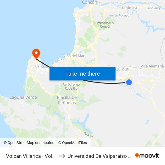 Volcan Villarica - Volcan Licancabur / Sur to Universidad De Valparaíso (Gimnasio Polideportivo) map