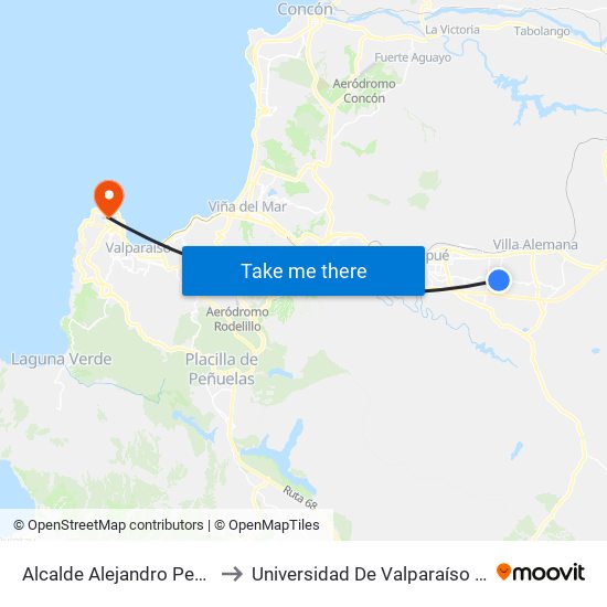 Alcalde Alejandro Peralta - Troncos Viejos to Universidad De Valparaíso (Gimnasio Polideportivo) map