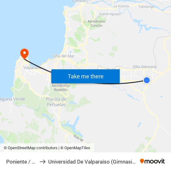 Poniente / Francia to Universidad De Valparaíso (Gimnasio Polideportivo) map