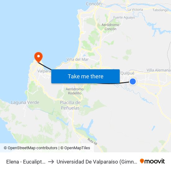 Elena - Eucaliptus / Norte to Universidad De Valparaíso (Gimnasio Polideportivo) map
