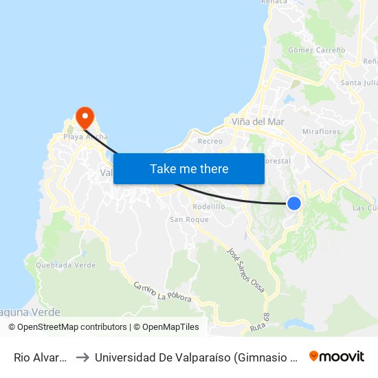 Rio Alvarez 62 to Universidad De Valparaíso (Gimnasio Polideportivo) map