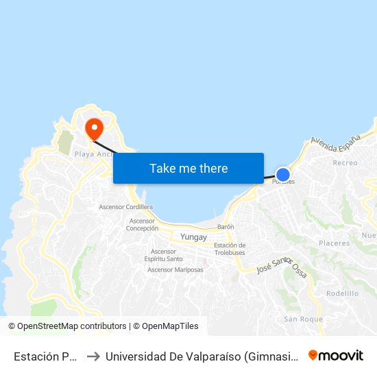 Estación Portales to Universidad De Valparaíso (Gimnasio Polideportivo) map