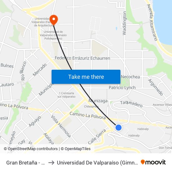 Gran Bretaña - Ing Mutilla to Universidad De Valparaíso (Gimnasio Polideportivo) map