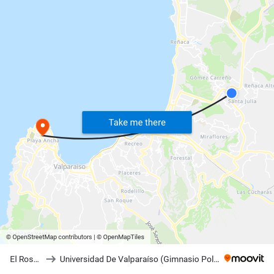El Rosedal to Universidad De Valparaíso (Gimnasio Polideportivo) map