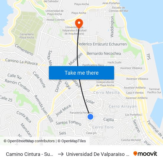 Camino Cintura - Subida Prieto / Oriente to Universidad De Valparaíso (Gimnasio Polideportivo) map