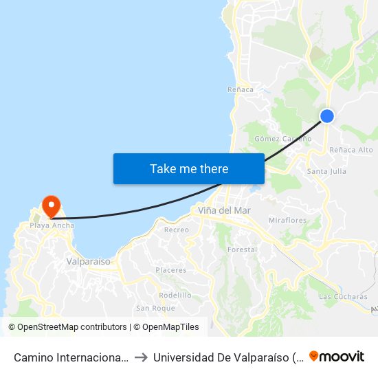 Camino Internacional - Costa / Poniente to Universidad De Valparaíso (Gimnasio Polideportivo) map