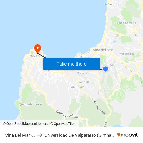 Viña Del Mar - Valdivia to Universidad De Valparaíso (Gimnasio Polideportivo) map