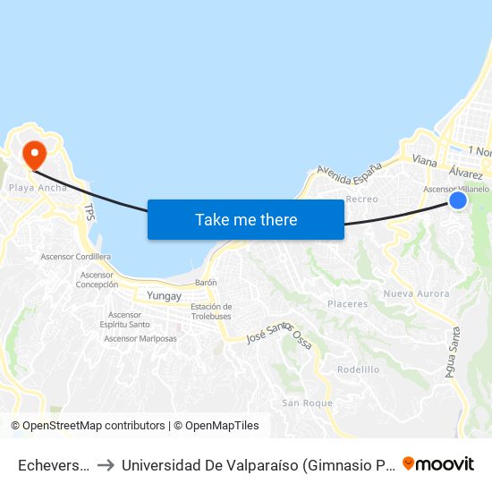 Echevers 789 to Universidad De Valparaíso (Gimnasio Polideportivo) map