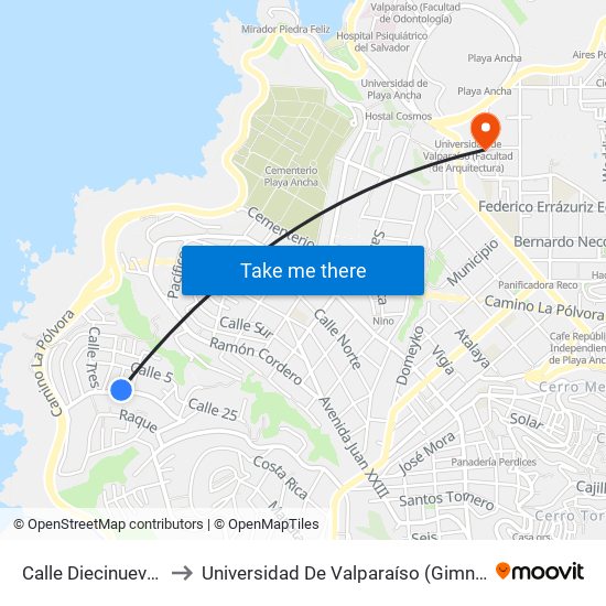 Calle Diecinueve - Pje Uno to Universidad De Valparaíso (Gimnasio Polideportivo) map