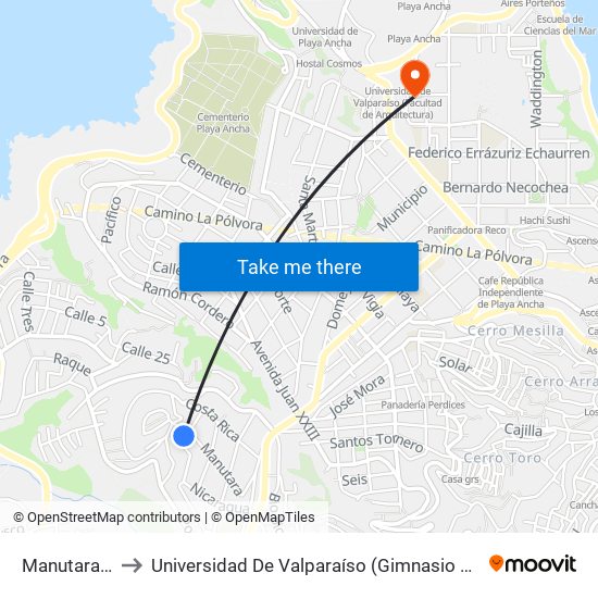 Manutara, 505 to Universidad De Valparaíso (Gimnasio Polideportivo) map