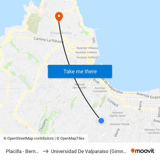 Placilla - Bernardo Vera to Universidad De Valparaíso (Gimnasio Polideportivo) map