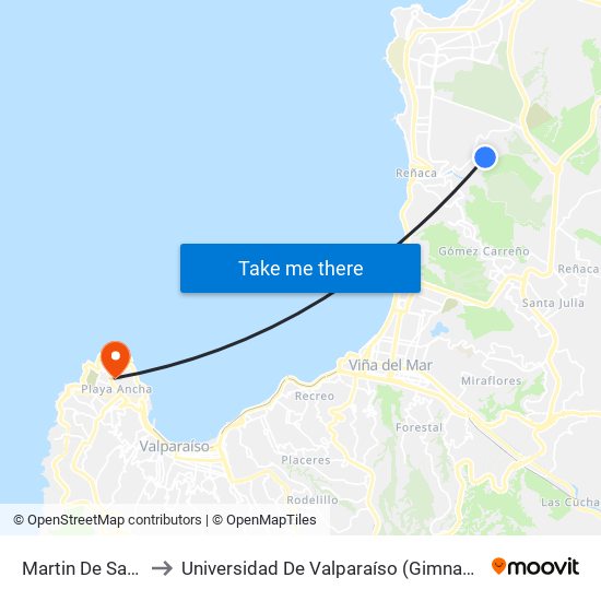 Martin De Salvatierra to Universidad De Valparaíso (Gimnasio Polideportivo) map